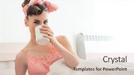  Presentation with coffee - Colorful presentation theme enhanced with start early - beautiful woman sipping her morning backdrop and a  colored foreground