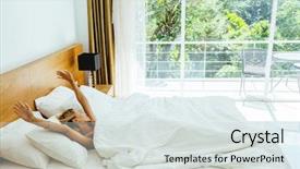  Presentation with bed hotel - PPT layouts having start early - woman waking up and stretching background and a sky blue colored foreground