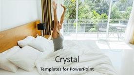  Presentation with bed hotel - Cool new PPT layouts with start early - woman waking up and stretching backdrop and a light gray colored foreground