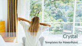  Presentation with matress - Audience pleasing theme consisting of start early - woman waking up and stretching backdrop and a sky blue colored foreground