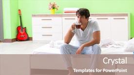  Presentation with coffee - Presentation theme enhanced with start early - young handsome man drinking coffee background and a coral colored foreground