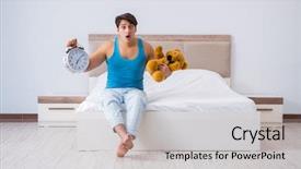  Presentation with belt bed - Beautiful PPT theme featuring start early - young man waking up backdrop and a  colored foreground