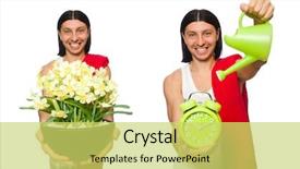  Presentation with white flowers - Presentation enhanced with start early - young man watering flowers isolated background and a yellow colored foreground