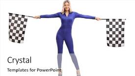  Presentation with racing flags - Theme enhanced with start finish - attractive blond girl waving checkered background and a white colored foreground