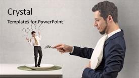  Presentation with eat - Theme enhanced with start fresh - huge businessman starting to eat background and a  colored foreground