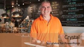  Presentation with college coffee shop - Audience pleasing slides consisting of start fresh - portrait of male owner backdrop and a coral colored foreground