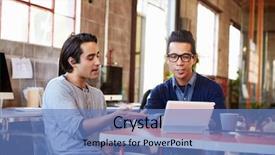  Presentation with meeting table - Colorful slide set enhanced with start up - two designers sit at meeting backdrop and a teal colored foreground