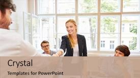  Presentation with shaking hands - Slide set featuring start-up as a welcome background and a coral colored foreground