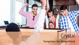  Presentation with working together - Amazing presentation theme having start-up business people backdrop and a coral colored foreground