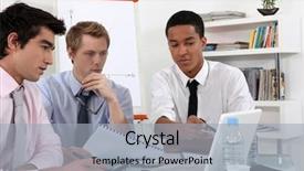  Presentation with business report - Slides enhanced with start up company - young business professional discussing background and a light gray colored foreground