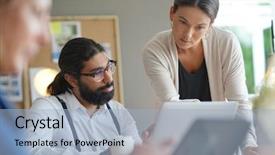  Presentation with working together - Slide deck featuring start-up people working together background and a  colored foreground