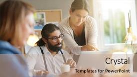  Presentation with working together - Amazing PPT theme having start-up people working together backdrop and a  colored foreground