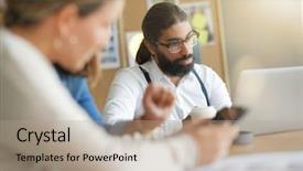  Presentation with working together - Beautiful slides featuring start-up people working together backdrop and a  colored foreground