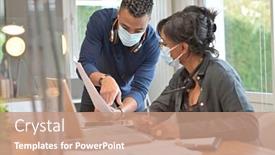  Presentation with face mask - Cool new slide deck with start-up-people-working backdrop and a coral colored foreground