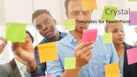  Presentation with sticky notes - Beautiful presentation theme featuring start-up-team-analyzes-sticky backdrop and a coral colored foreground