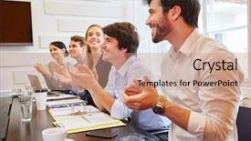  Presentation with start up kdrama - Cool new theme with start-up team giving applause backdrop and a coral colored foreground