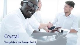  Presentation with office desk reception - Slides having start up tech - close up businessman sitting background and a  colored foreground