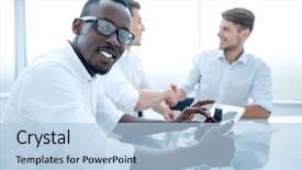  Presentation with office desk reception - Slide deck featuring start up tech - close up businessman sitting background and a light blue colored foreground