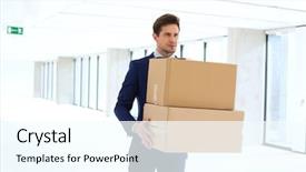  Presentation with tech - Presentation theme enhanced with start up tech - young businessman carrying cardboard boxes background and a  colored foreground