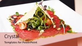  Presentation with cheese plate parmesan cheddar gouda - Slides enhanced with starters - beef carpaccio with salad background and a red colored foreground