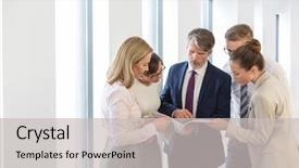  Presentation with business people - Colorful PPT layouts enhanced with starting - business people discussing over document backdrop and a  colored foreground