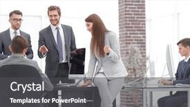  Presentation with new office - PPT theme having starting - business people discussing over new background and a dark gray colored foreground