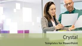  Presentation with office - PPT layouts with starting - businesswoman with male colleague discussing background and a mint green colored foreground