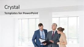  Presentation with new office - Colorful presentation theme enhanced with starting - confident mature business discussing backdrop and a white colored foreground