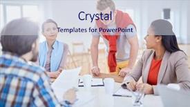  Presentation with empowerment of employees - Theme with starting - one of young employees leaning background and a sky blue colored foreground