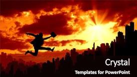 Presentation with city silhouette - Cool new PPT theme with starting - silhouette of jumping businessman backdrop and a wine colored foreground