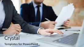  Presentation with two wheeler - Audience pleasing presentation theme consisting of starting - two economists or analysts working backdrop and a light blue colored foreground