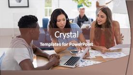  Presentation with laptop - Cool new theme with starting - young business colleagues discussing backdrop and a  colored foreground