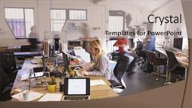  Presentation with interior design office - Cool new presentation theme with startup - interior of busy design office backdrop and a soft green colored foreground