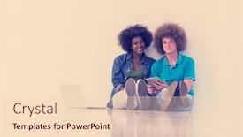  Presentation with mobile technology - Cool new theme with startup business and new mobile technology concept with young multiethnic couple in modern bright office interior working on laptop and tablet computer on new creative project and brainstorming backdrop and a lemonade colored foreground