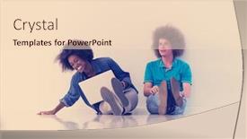  Presentation with mobile technology - Slide deck enhanced with startup business and new mobile technology concept with young multiethnic couple in modern bright office interior working on laptop and tablet computer on new creative project and brainstorming background and a lemonade colored foreground