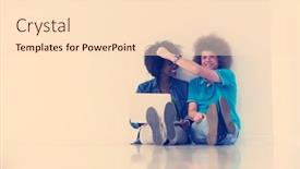  Presentation with mobile technology - Beautiful slide deck featuring startup business and new mobile technology concept with young multiethnic couple in modern bright office interior working on laptop and tablet computer on new creative project and brainstorming backdrop and a lemonade colored foreground