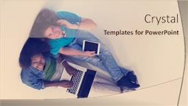  Presentation with mobile technology - Cool new PPT theme with startup business and new mobile technology concept with young multiethnic couple in modern bright office interior working on laptop and tablet computer on new creative project and brainstorming backdrop and a lemonade colored foreground