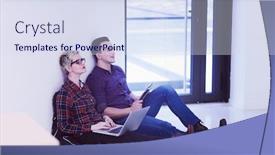  Presentation with mobile technology - PPT theme consisting of startup business and new mobile technology concept with young couple in modern bright office interior working on laptop and tablet computer on new creative project and brainstorming background and a sky blue colored foreground