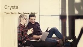  Presentation with mobile technology - Slide deck with startup business and new mobile technology concept with young couple in modern bright office interior working on laptop and tablet computer on new creative project and brainstorming background and a lemonade colored foreground