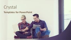  Presentation with mobile technology - Audience pleasing presentation theme consisting of startup business and new mobile technology concept with young couple in modern bright office interior working on laptop and tablet computer on new creative project and brainstorming backdrop and a sky blue colored foreground