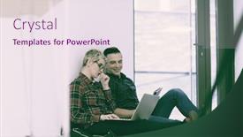  Presentation with mobile technology - Presentation featuring startup business and new mobile technology concept with young couple in modern bright office interior working on laptop and tablet computer on new creative project and brainstorming background and a sky blue colored foreground