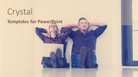  Presentation with mobile technology - Beautiful presentation theme featuring startup business and new mobile technology concept with young couple in modern bright office interior working on laptop and tablet computer on new creative project and brainstorming backdrop and a lemonade colored foreground