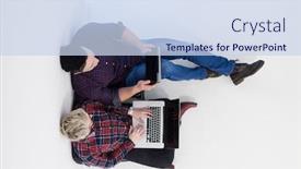  Presentation with brainstorming top view - PPT layouts featuring startup business and new mobile technology concept with young couple in modern bright office interior working on laptop and tablet computer on new creative project and brainstorming aerial top view background and a sky blue colored foreground