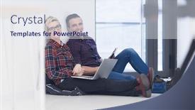  Presentation with mobile technology - PPT theme with startup business and new mobile technology concept with young couple in modern bright office interior working on laptop and tablet computer on new creative project and brainstorming background and a sky blue colored foreground