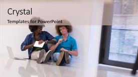  Presentation with mobile technology - Audience pleasing PPT theme consisting of startup business and new mobile technology concept with young multiethnic couple in modern bright office interior working on laptop and tablet computer on new creative project and brainstorming backdrop and a soft green colored foreground