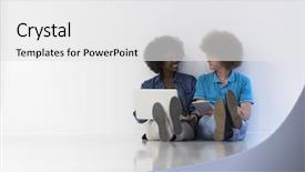  Presentation with mobile technology - PPT layouts consisting of startup business and new mobile technology concept with young multiethnic couple in modern bright office interior working on laptop and tablet computer on new creative project and brainstorming background and a white colored foreground