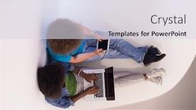  Presentation with mobile technology - Slide deck consisting of startup business and new mobile technology concept with young multiethnic couple in modern bright office interior working on laptop and tablet computer on new creative project and brainstorming background and a sky blue colored foreground