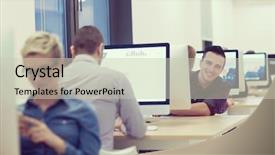  Presentation with developer - Colorful slide set enhanced with startup business software developer working backdrop and a soft green colored foreground