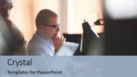  Presentation with developer - Cool new presentation theme with startup business software developer working backdrop and a light blue colored foreground