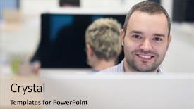  Presentation with computer software - Audience pleasing PPT theme consisting of startup business software developer working backdrop and a soft green colored foreground